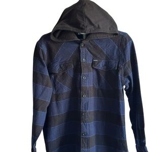 LRG Navy and Black Hooded Shirt Striped Flannel, Grunge, Casual, Streetwear